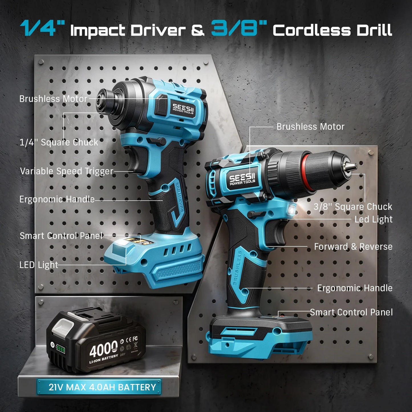Seesii 21V Cordless Brushless Drill And Impact Driver Kit