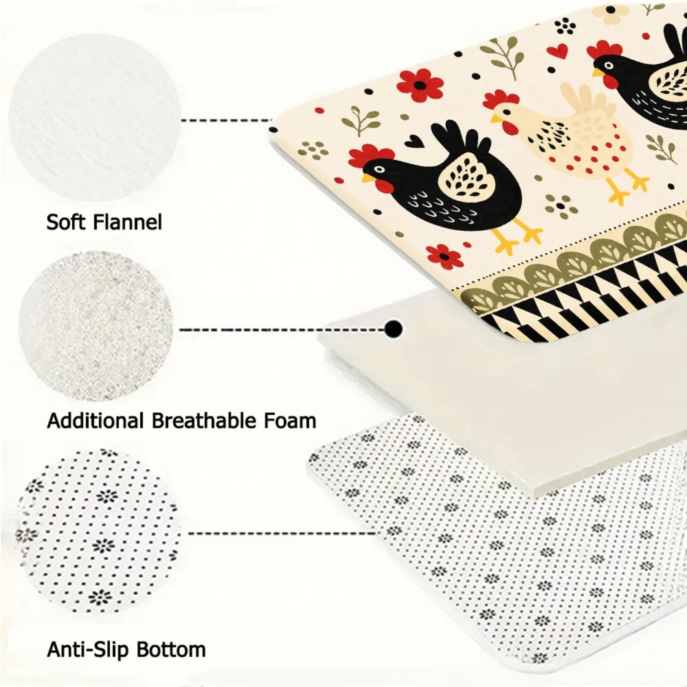 3PCS Kitchen Rugs,Home Decoration for Front Door, Kitchen, Bathroom, Black Turkey Floral Pattern On Cream Background Dining Mat