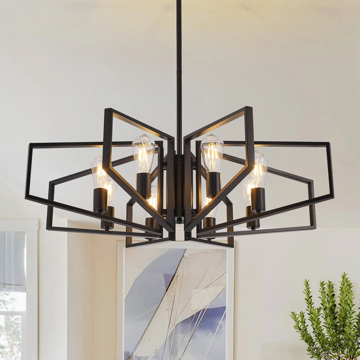 Eight-Light Geometric Chandelier With Adjustable Height Metal Pendant