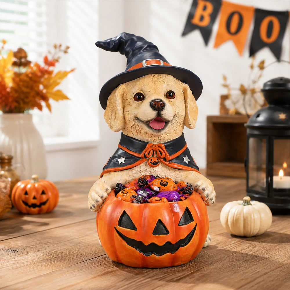 Halloween Witch French Bulldog Resin Figurine Pumpkin Candy Bowl Decoration