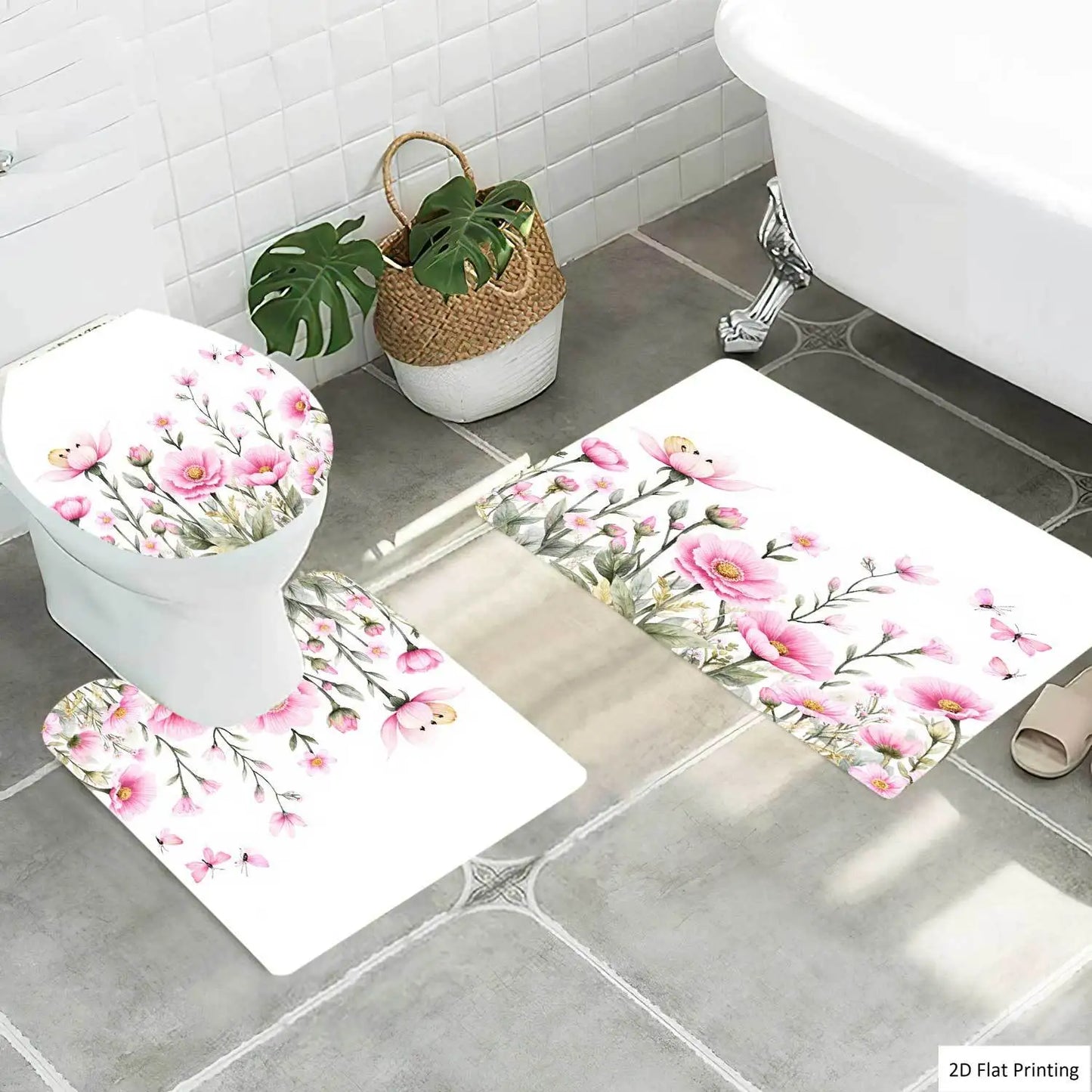 2D Flat, 2D Flat, 4pcs Floral Design with Pink Flowers And Butterflies Shower Curtain Set, Bathroom Set with Shower Curtain And Including Non-Slip, U-Shape And Toilet Lid Cover, Home Bathroom Accessory