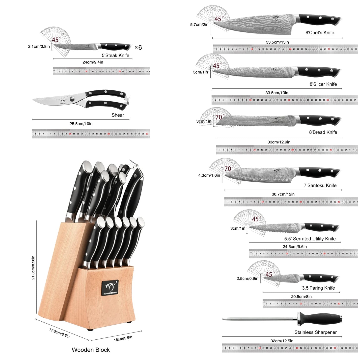 15 piece VG10 Damascus kitchen knives with ergonomic handles Sharp cutting tools suitable for cutting meat, vegetables, fruits and bread Professional chef set for home use Complete set including sharpening rod and scissors