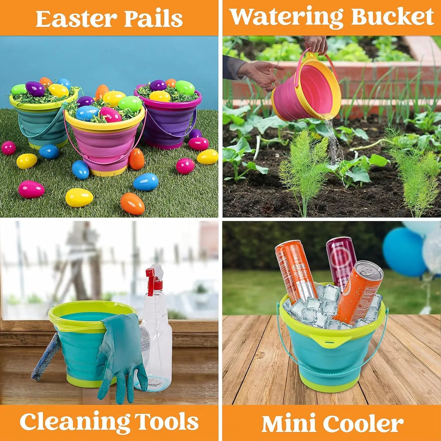 JOYFY 3 Packs Foldable Beach Bucket Set with Shovels and Mesh Backpack for Kids Camping Gear Travelling Fishing Water Pail