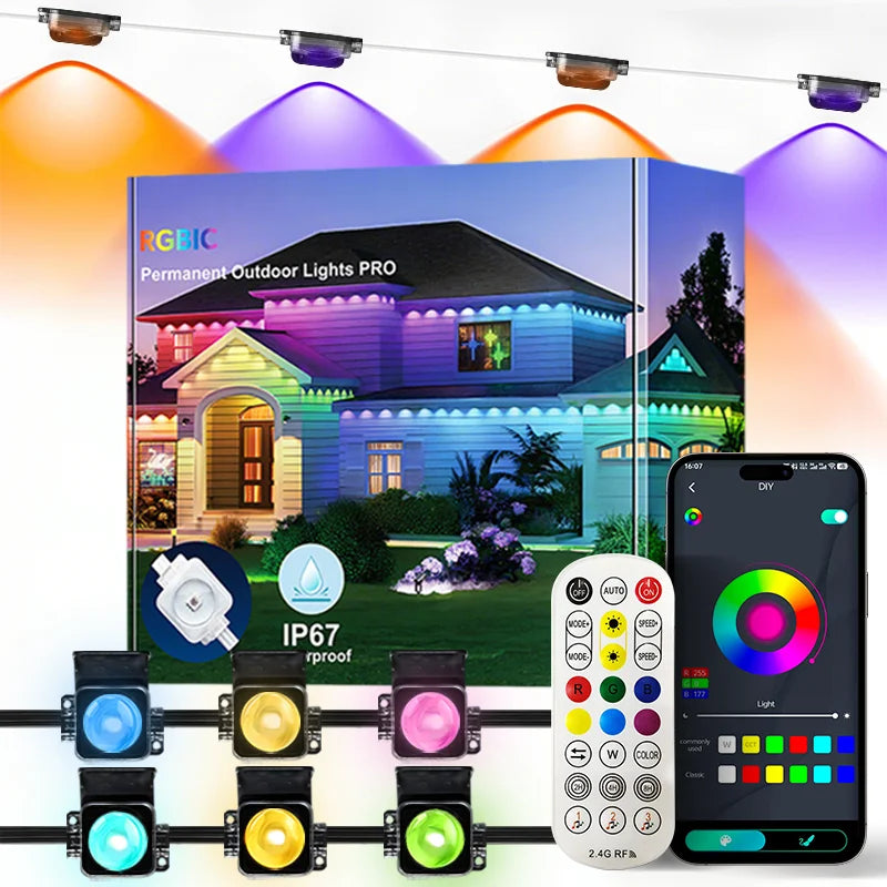 Smart Permanent Outdoor Lights Eaves Lights IP67 Waterproof Light String with App Remote Control Music Sync for House Roof Decor