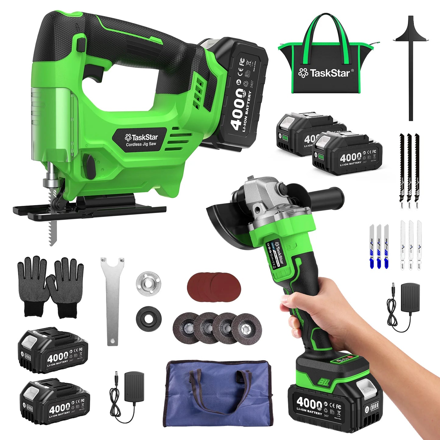 Taskstar Cordless Brushless Angle Grinder And Jigsaw Tool Set