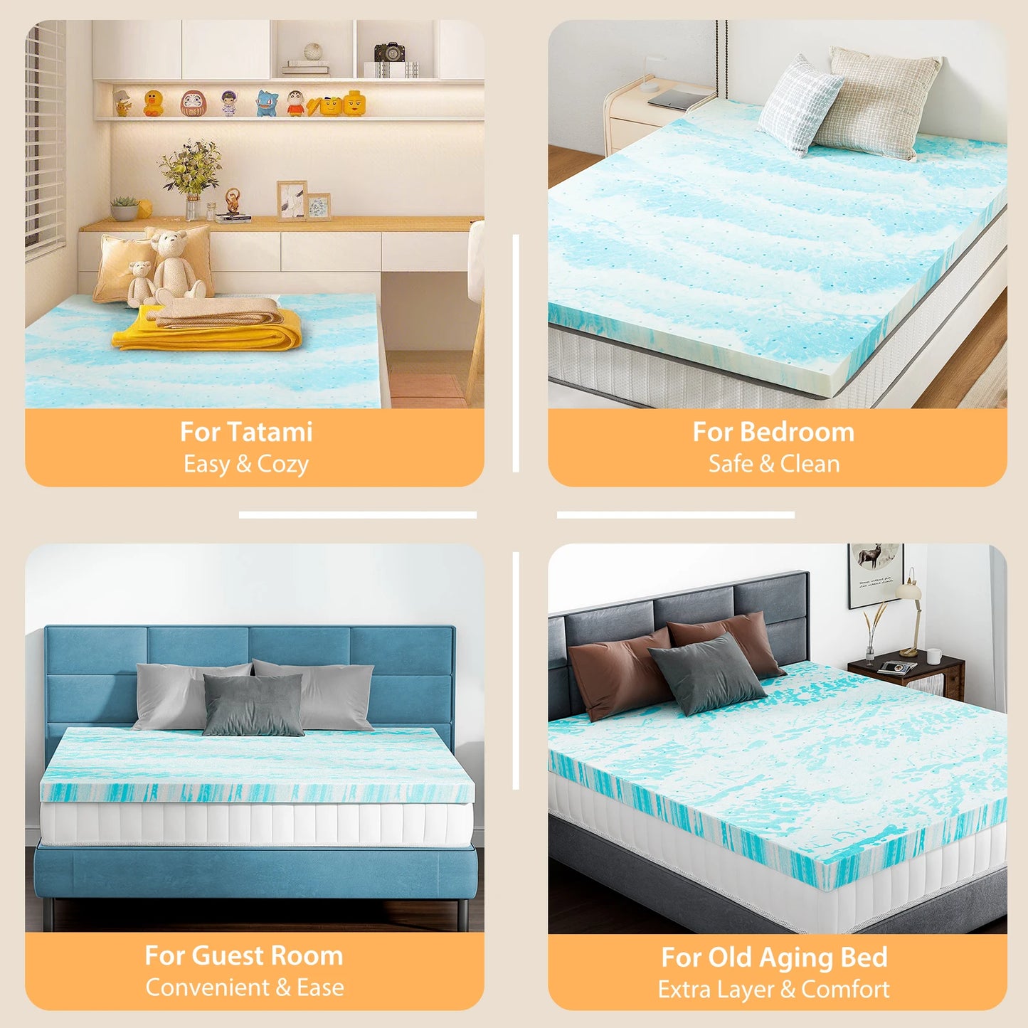 JHK Gel Memory Foam Mattress Topper Cooling Breathable Comfort