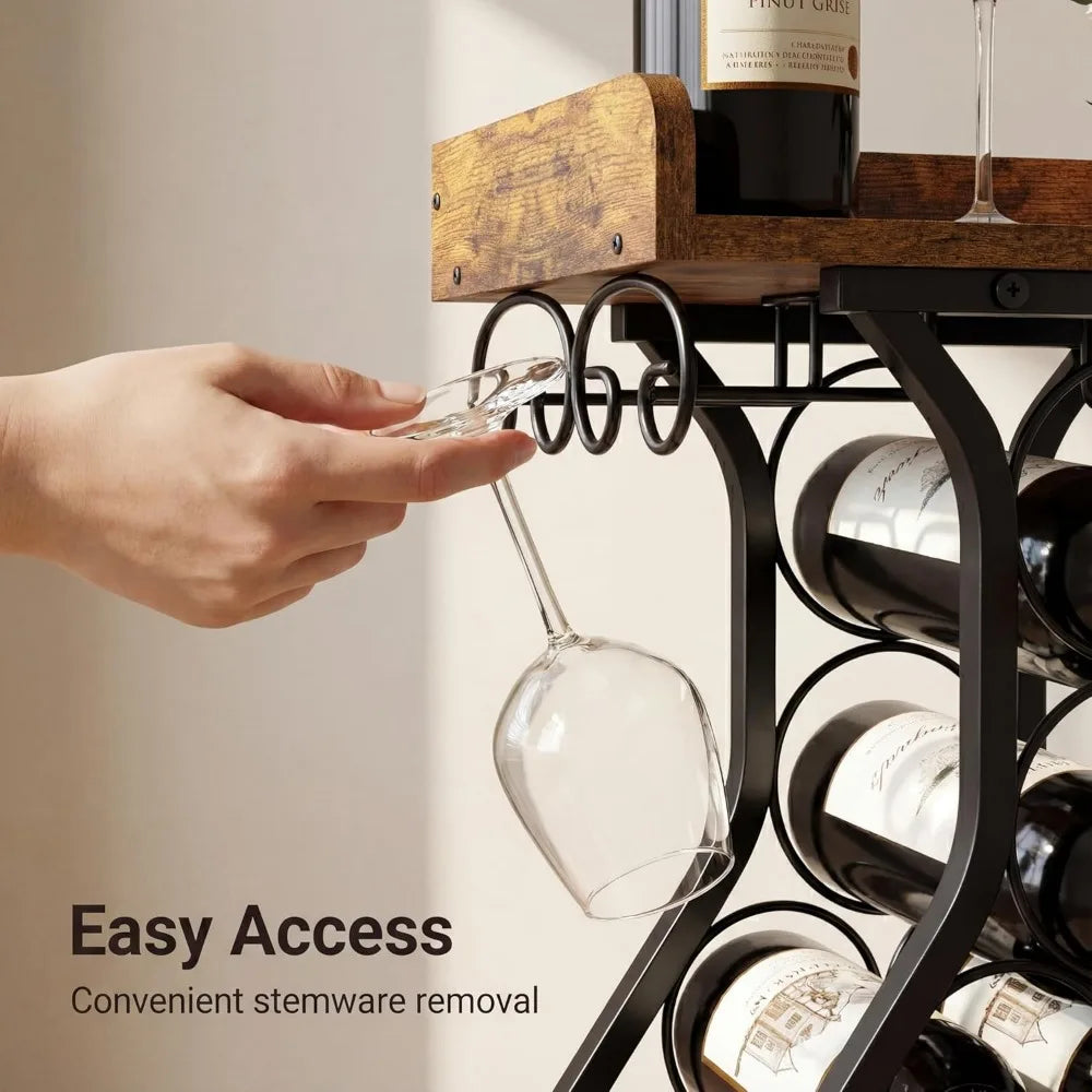Compact Countertop Wine Rack with Glass Holder and Storage Shelf for Kitchen Bar