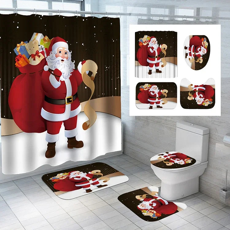 Wholesale Santa Claus Christmas Style Polyester Bathroom Shower Curtains 4pcs Waterproof Shower Curtain Sets