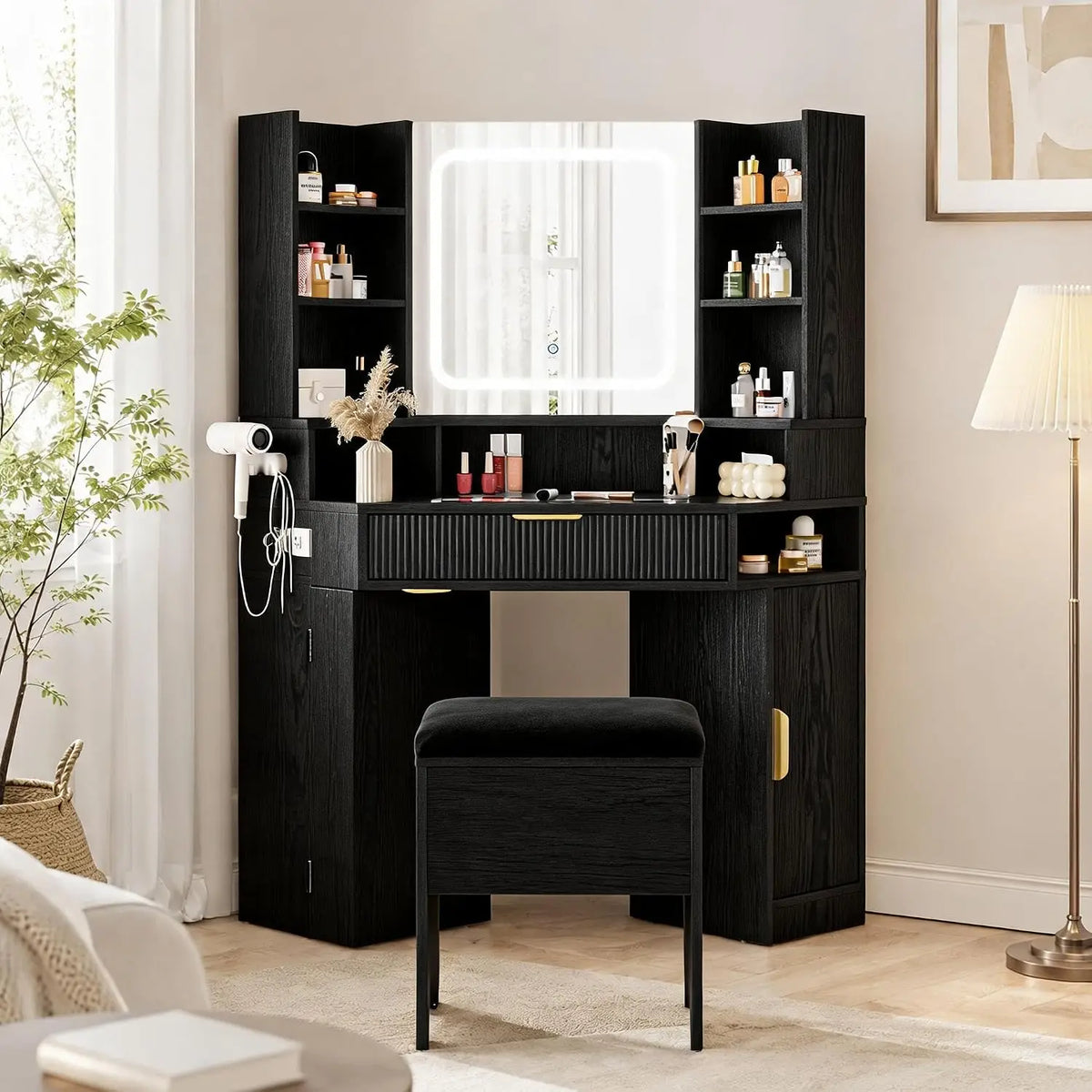 HiMISS Corner Vanity Desk With LED Lights And Charging Port