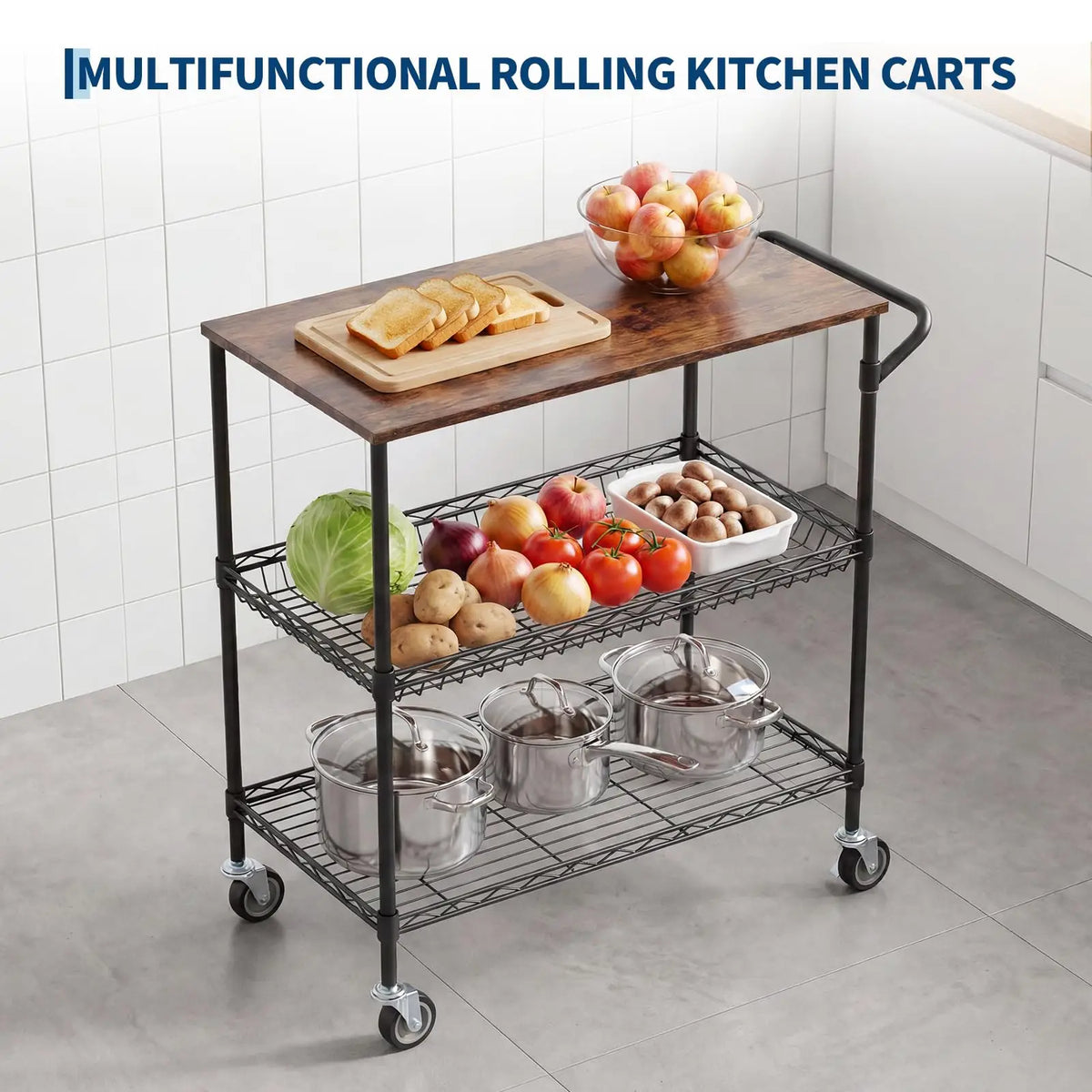 Himiss 3 Tier Rolling Kitchen Cart With Wood Top Rack