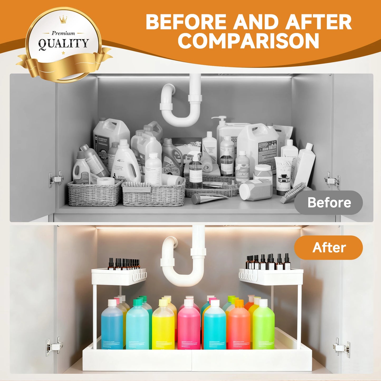 Under Sink Organizer Storage, 2 Tier U-Shape Expandable Multi-Purpose Large Capacity Kitchen Under Sink Organizers for Narrow Space Easy Access Sliding Storage Drawer with Hooks