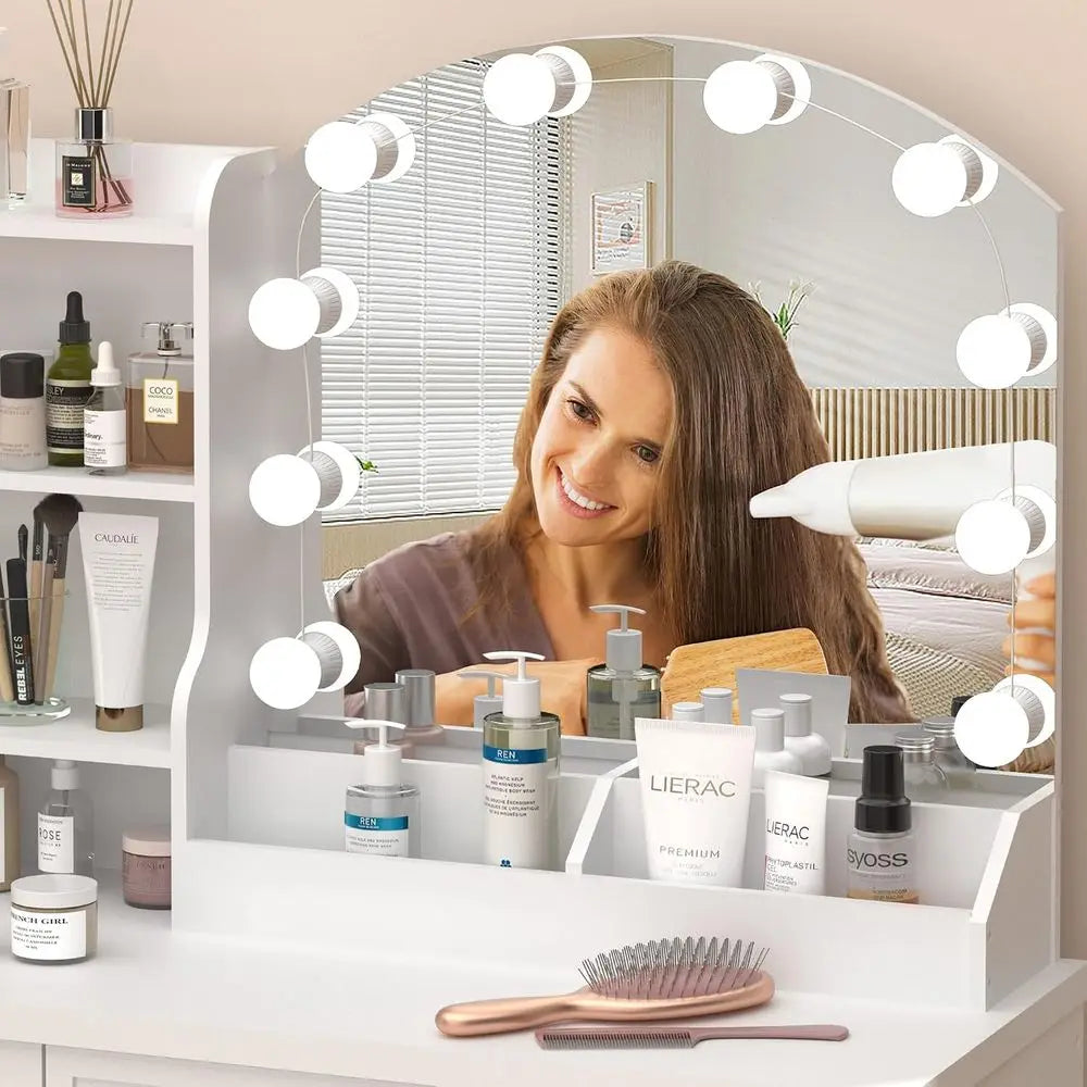 Vabches Vanity Desk with Mirror and Lights,Makeup Vanity Set or Bedroom | White Dring Table 3 Lighting Col, 4 Ders