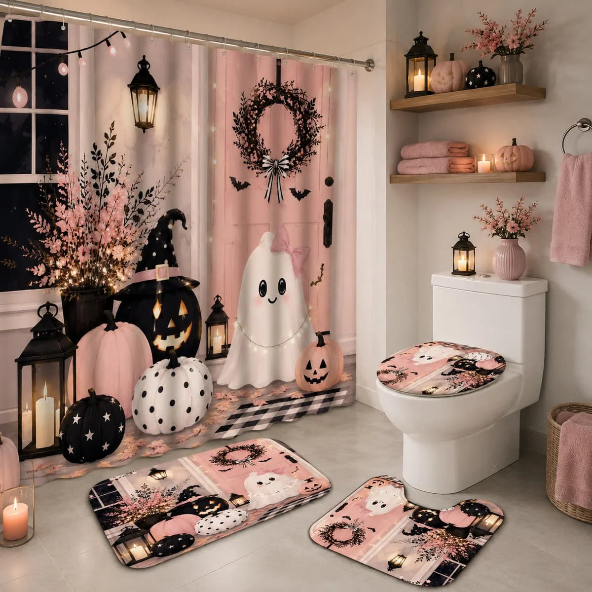 Halloween Ghost Pumpkin Shower Curtain Set With Hooks And Bathroom Decor