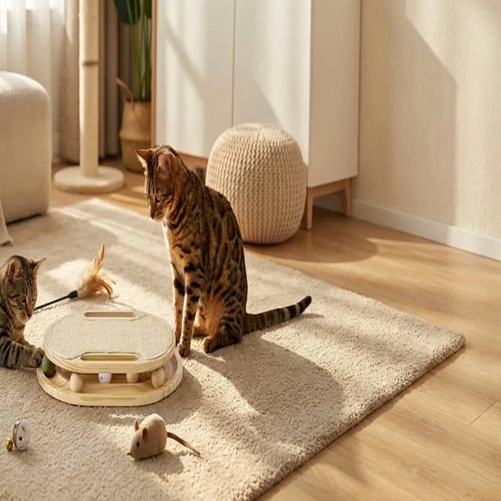 Natural Sisal Cat Scratcher With Ball Track And Pinewood Base