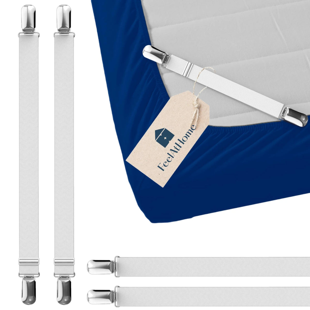 Adjustable Elastic Bed Sheet Straps With Metal Clips Four Pack