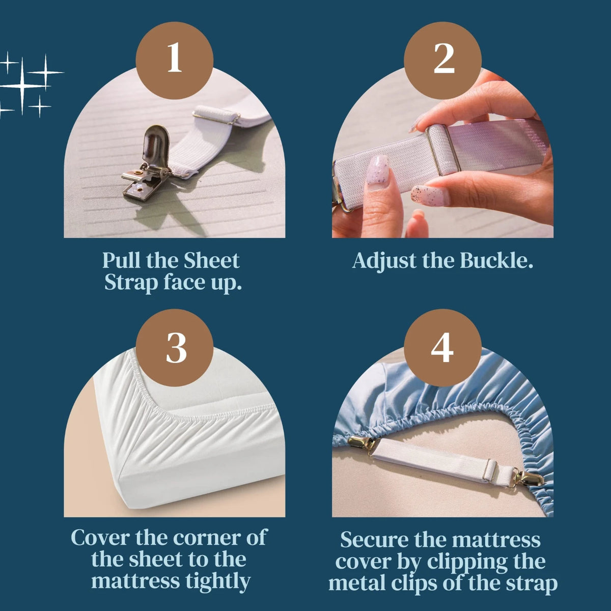 Adjustable Elastic Bed Sheet Straps With Metal Clips Four Pack