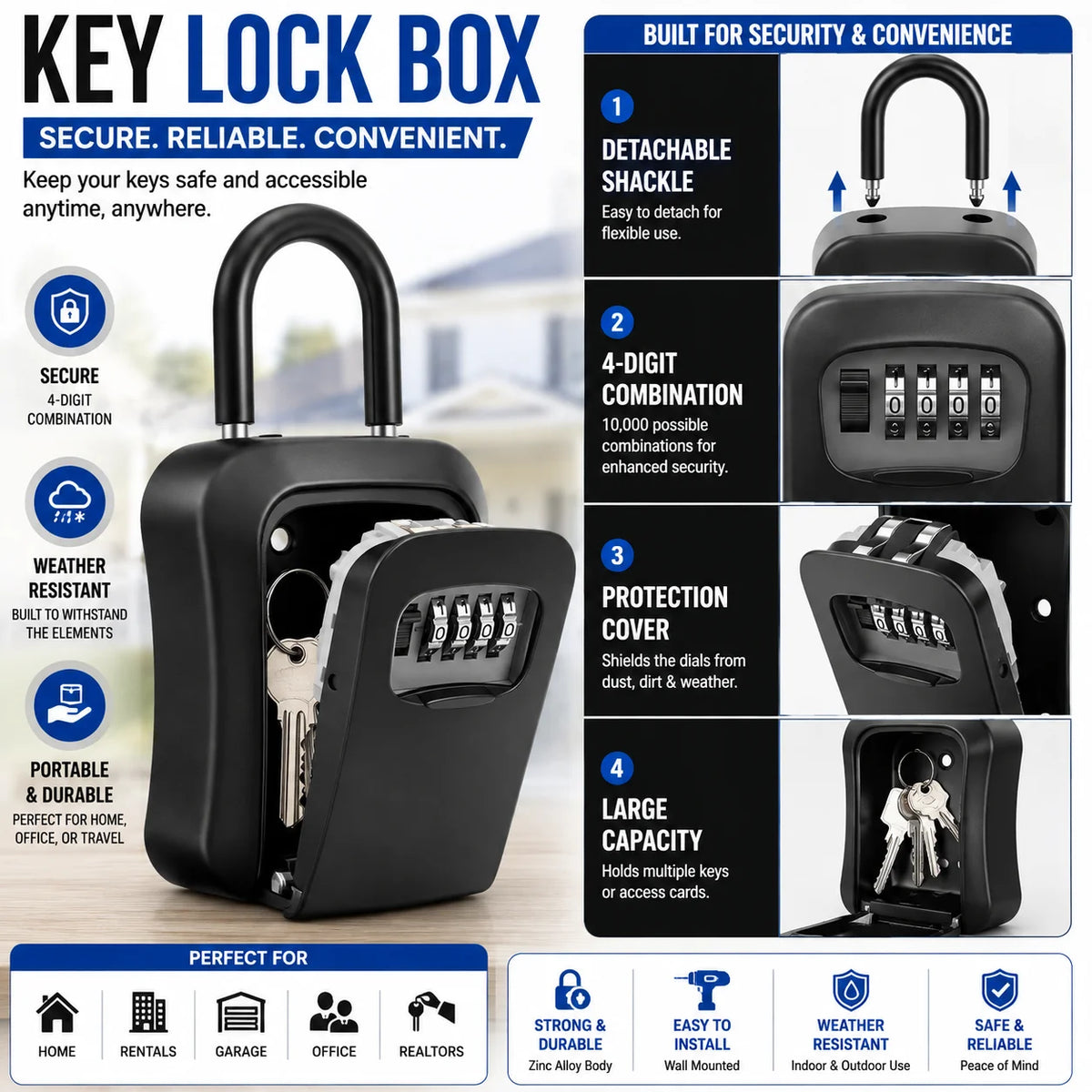 Portable Wall Mount 4 Digit Combination Key Lock Box Safe