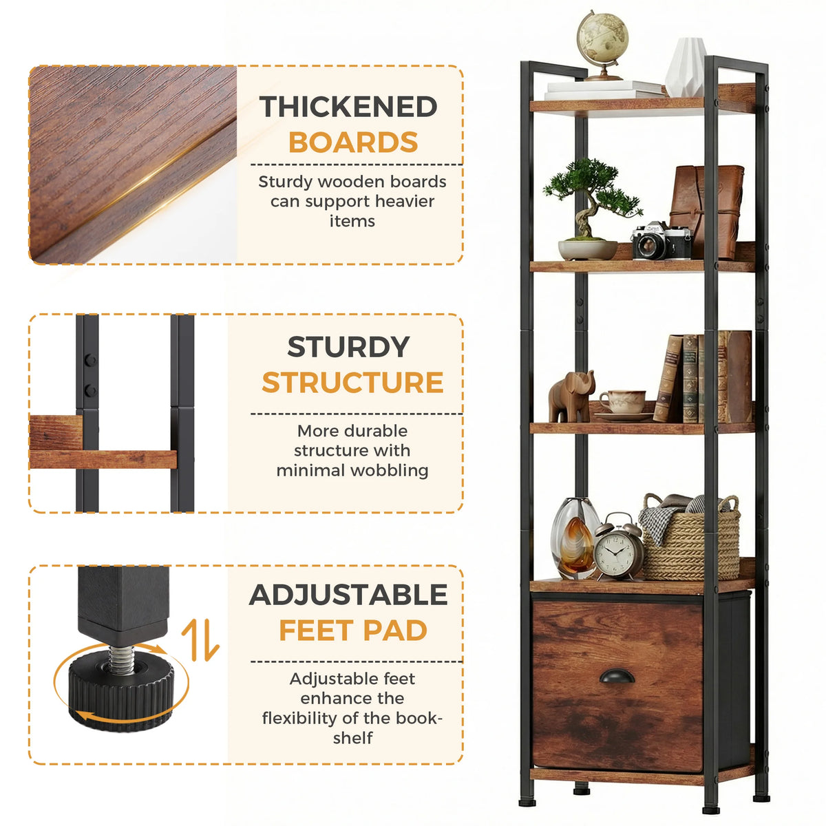 Industrial Metal Five Tier Bookshelf With Fabric Drawers For Home