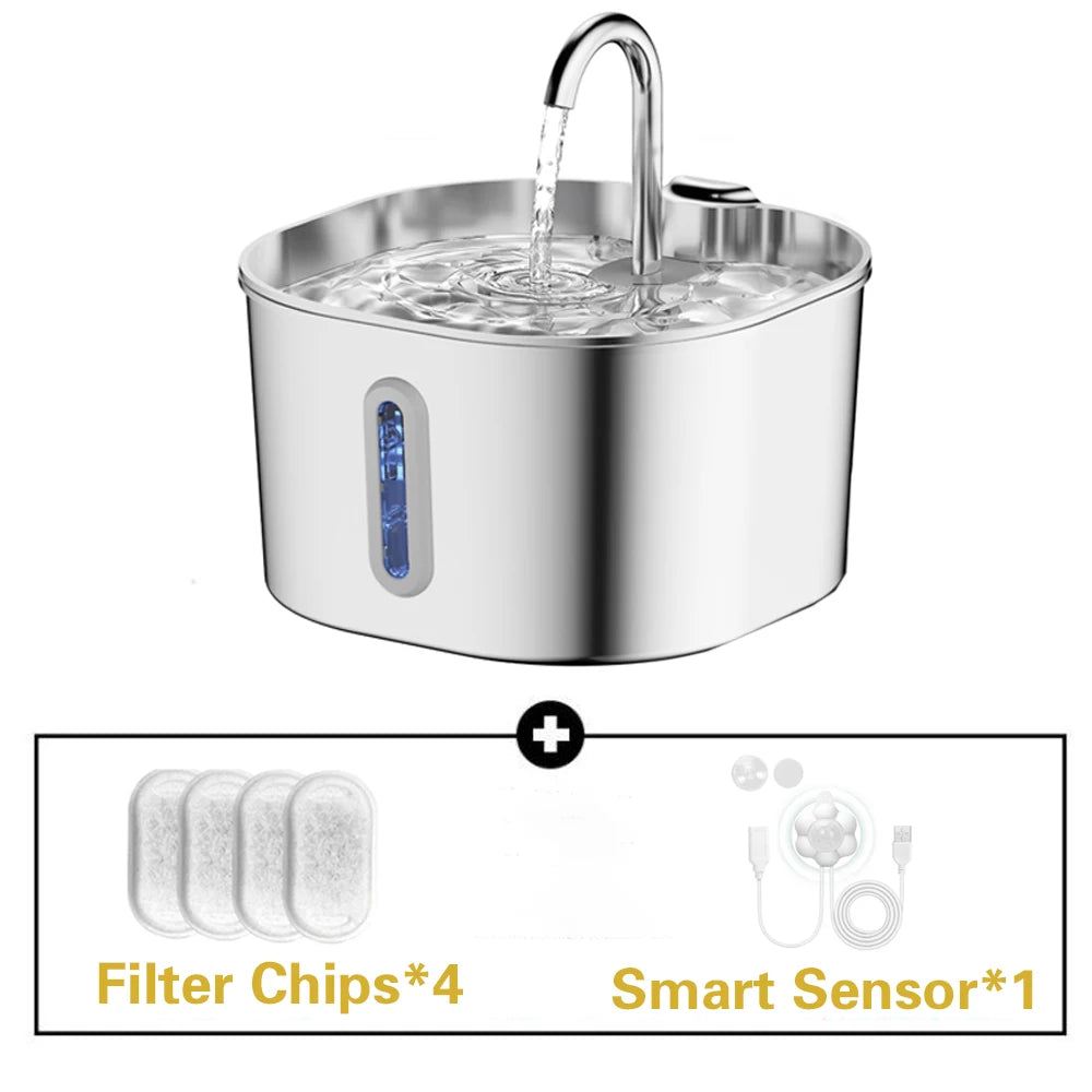 2.2L Square/Round Stainless Steel Cat Water Fountain, Dog Water Dispenser with LED Window, Silent Pet Water Feeder(No 5V 1A Plug