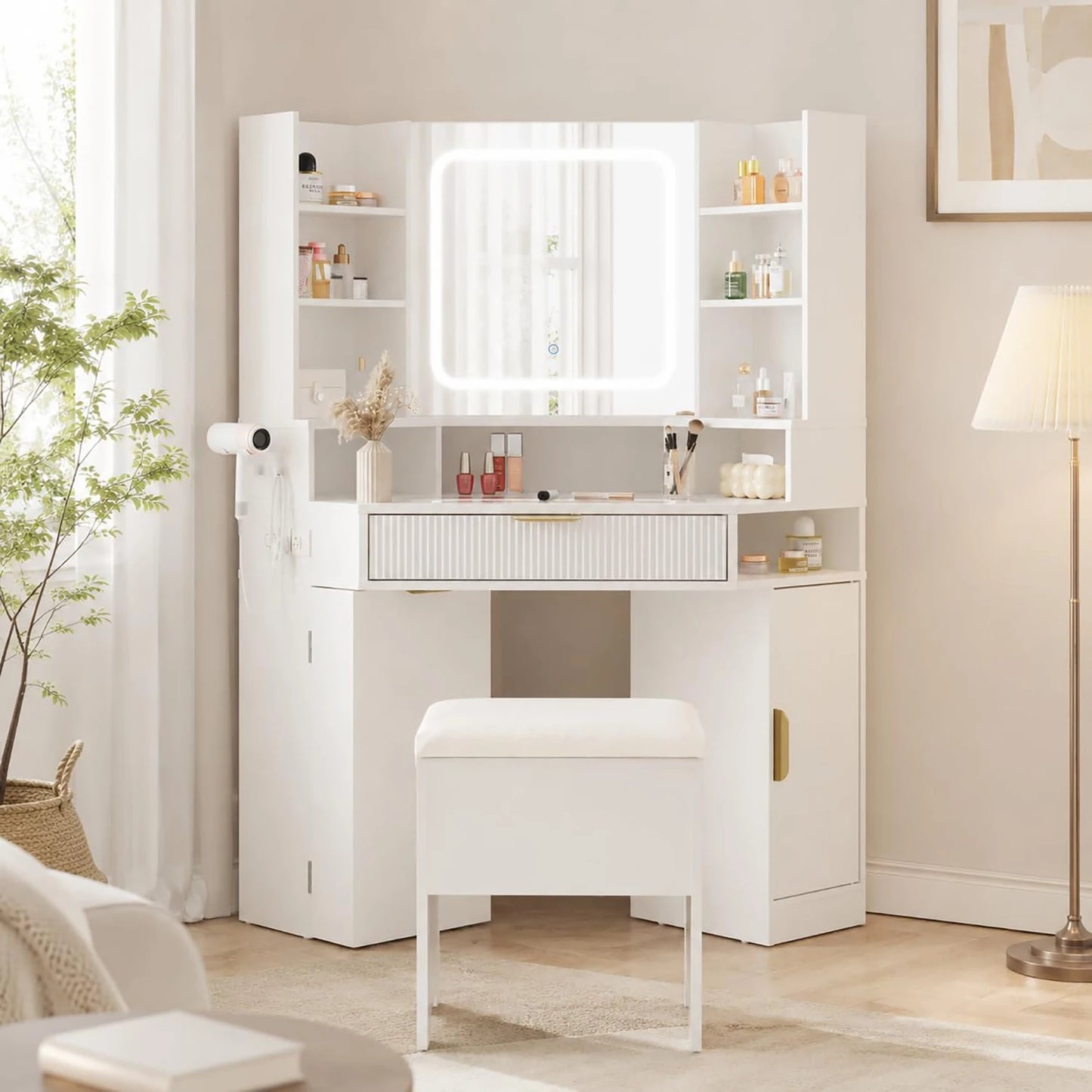 HiMISS Corner Vanity Desk With LED Lights And Charging Port