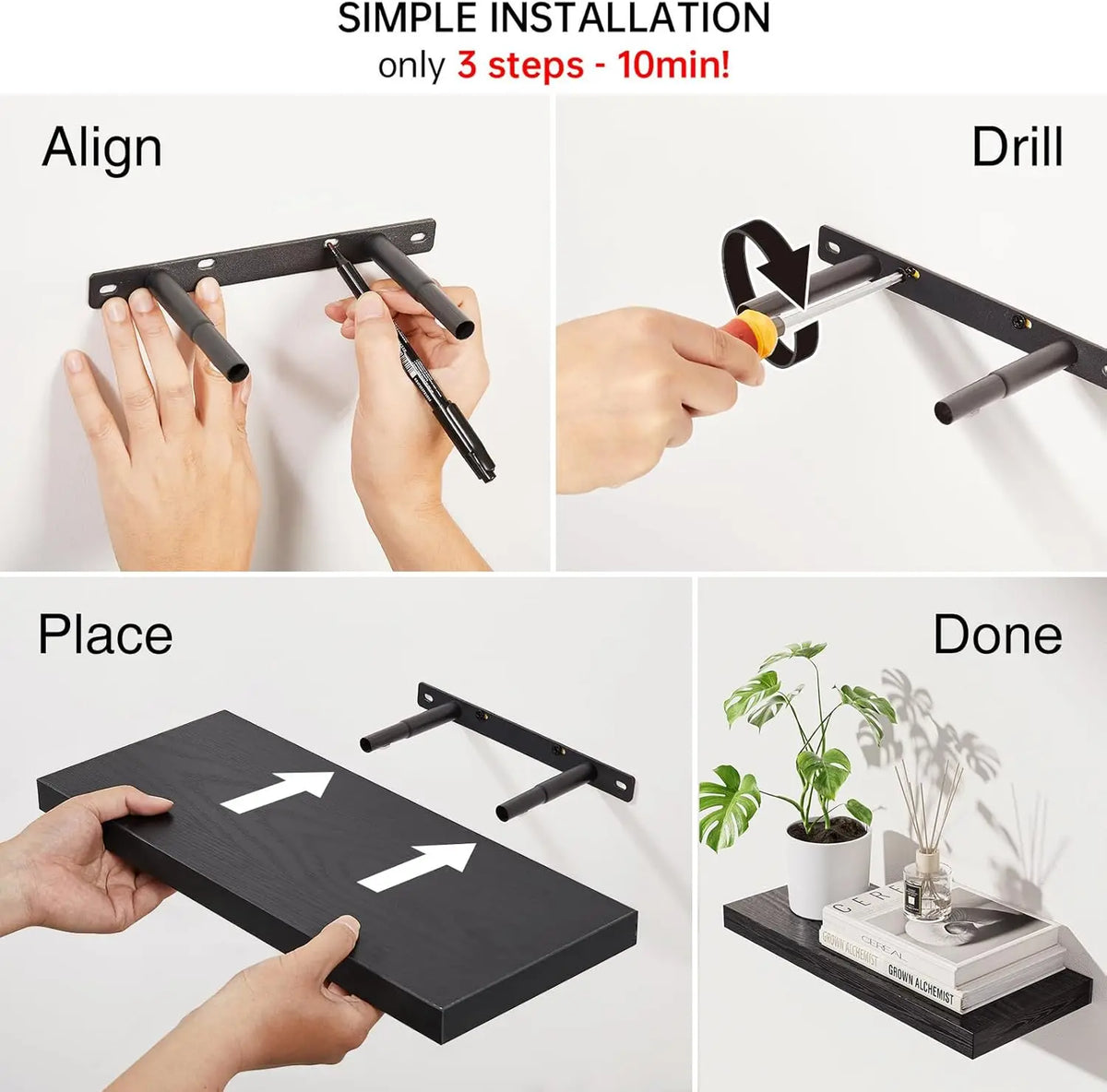 Rustic Wood Floating Shelves Set of 3, Wall Mounted for Bathroom Bedroom Living Room Kitchen, Holds 22lbs, Black