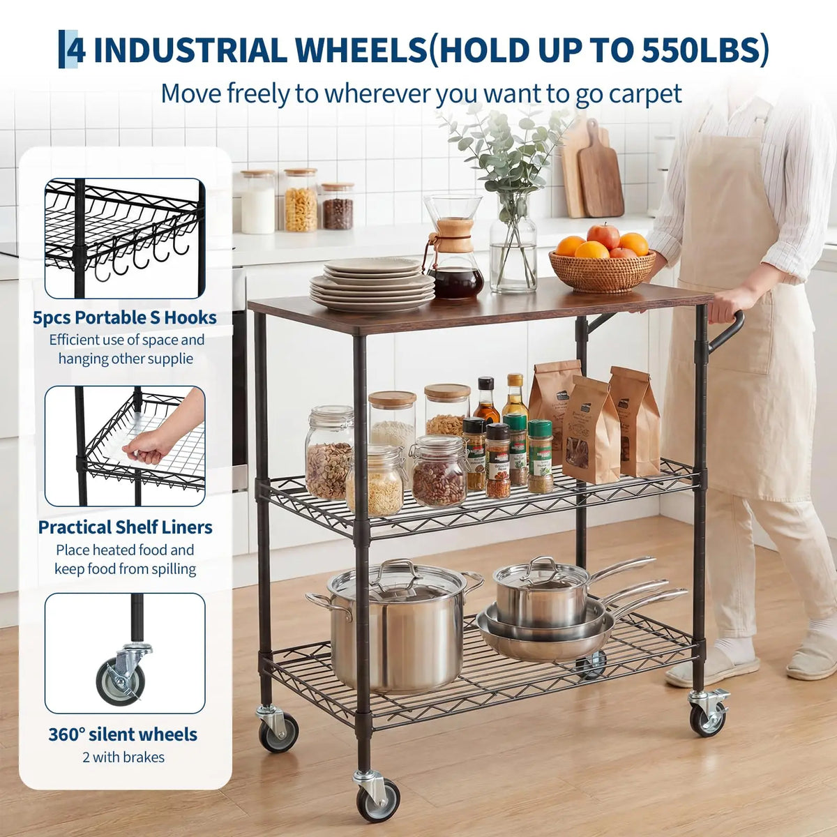 Himiss 3 Tier Rolling Kitchen Cart With Wood Top Rack