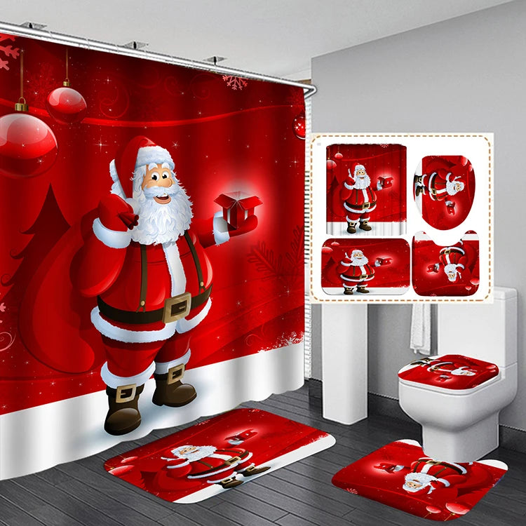 Wholesale Custom Christmas Bathroom Curtain Hooks Cute Cartoon Printed Digital Santa Design Welcome Shower Curtain Sets