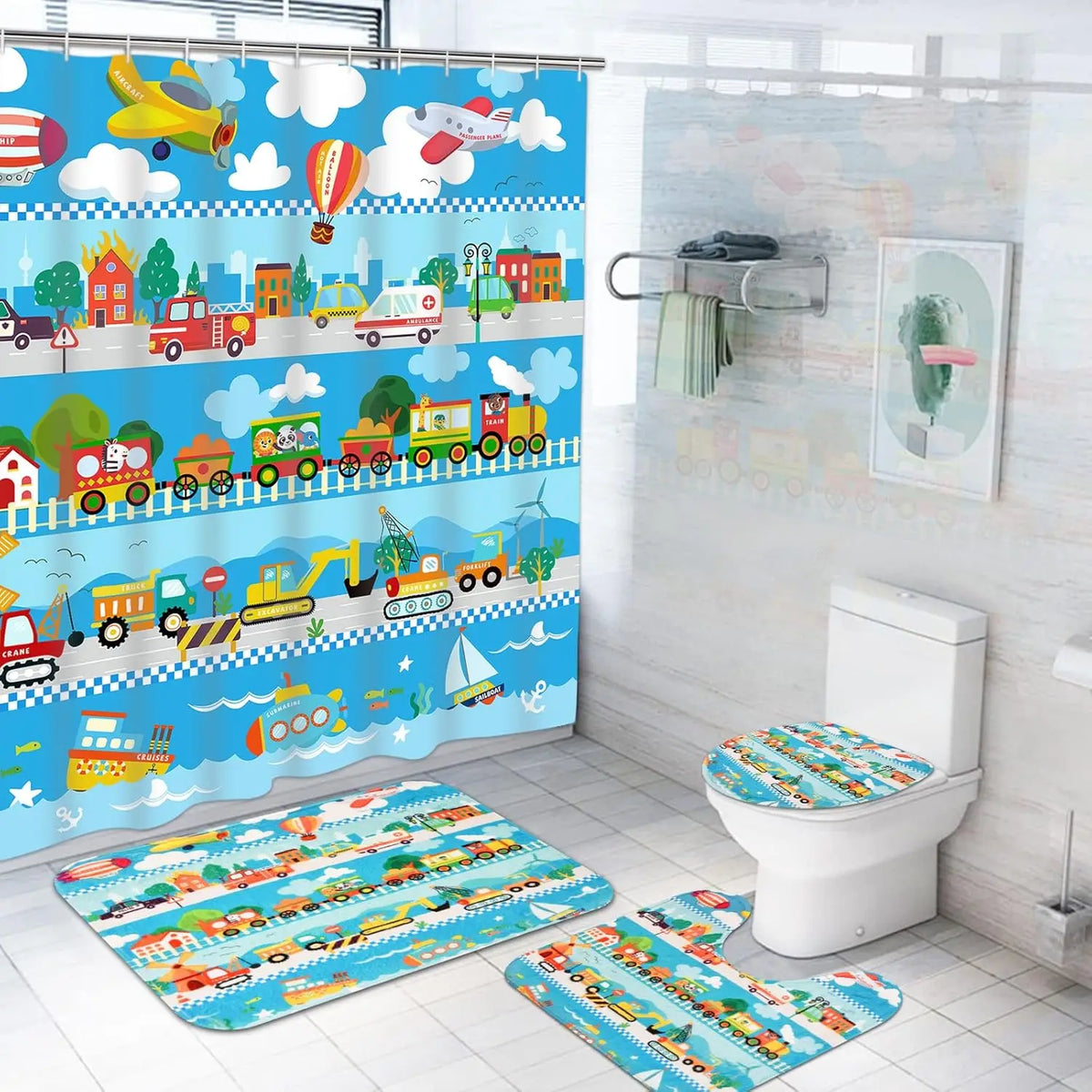 4PC Kids Dinosaur Bathroom Set - Waterproof Cartoon Shower Curtain with 12 Hooks, Non-Slip Mats & Toilet Cover, Fun Bath Decor