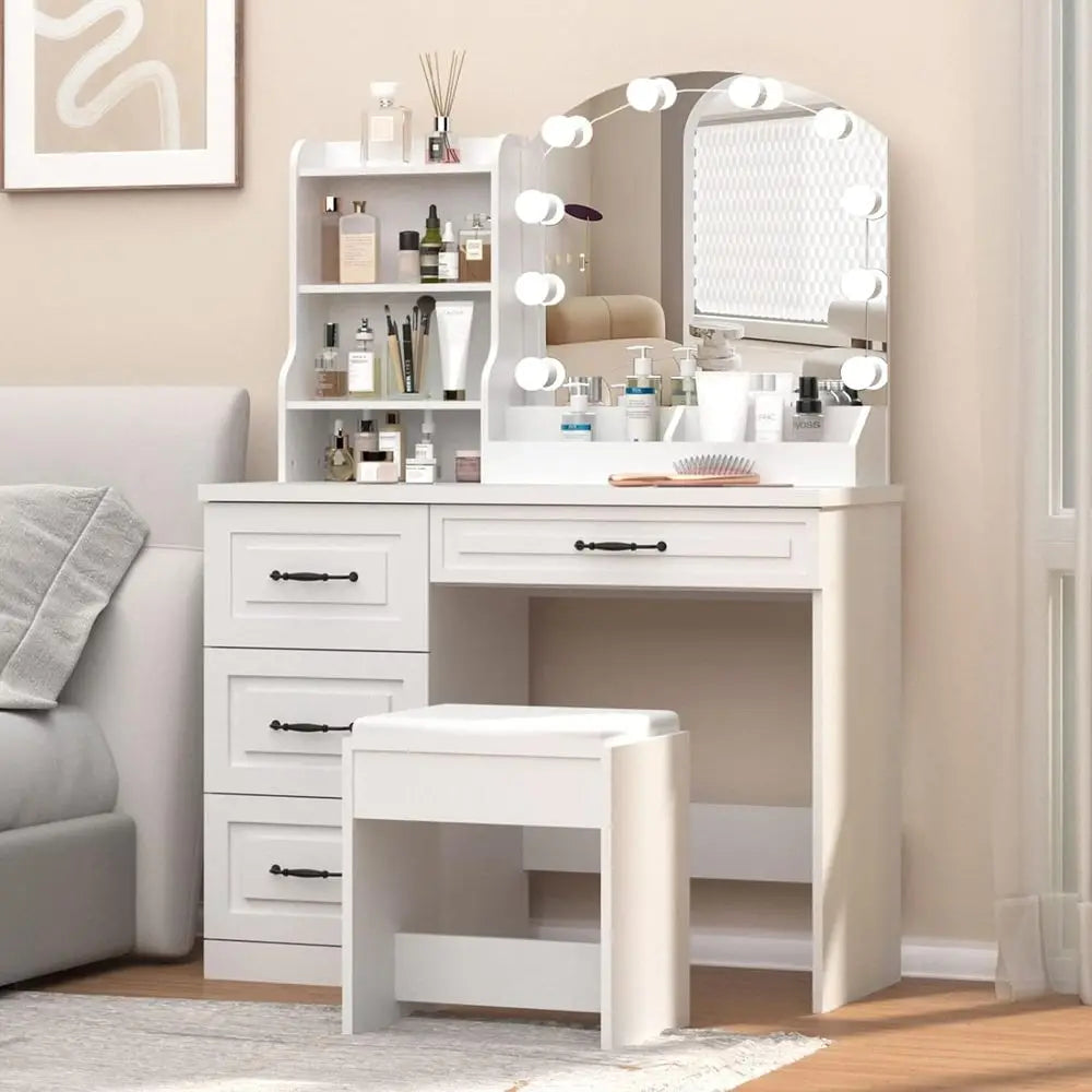 Vabches Vanity Desk with Mirror and Lights,Makeup Vanity Set or Bedroom | White Dring Table 3 Lighting Col, 4 Ders