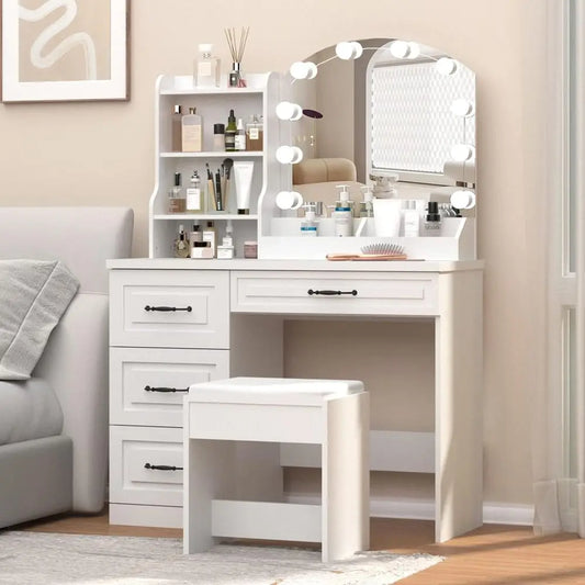 Vabches Vanity Desk with Mirror and Lights,Makeup Vanity Set or Bedroom | White Dring Table 3 Lighting Col, 4 Ders