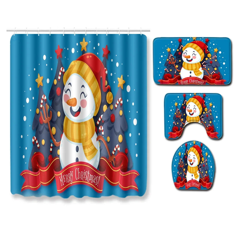 Christmas Shower Curtain Sets With Non-Slip Rugs Toilet Lid Cover and Bath Mat Snowman Shower Curtains 4 Piece Bathroom Decor