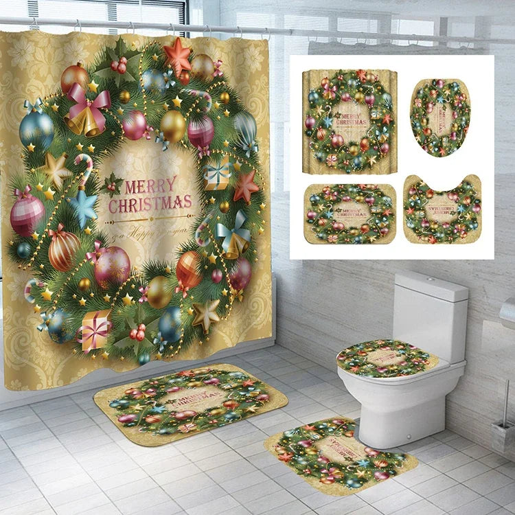 Wholesale Santa Claus Christmas Style Polyester Bathroom Shower Curtains 4pcs Waterproof Shower Curtain Sets