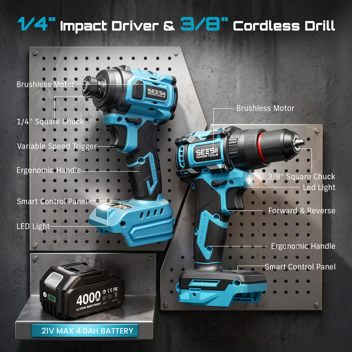 Seesii 21V Cordless Brushless Drill And Impact Driver Kit