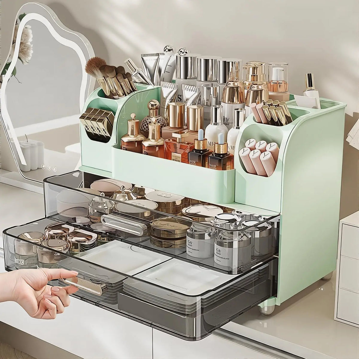 Makeup Organizer with Drawers for Vanity,Bathroom Countertop Organizer with Brushes Holder,Skincare Storage Organizer for Lipsticks,Nail Polishes, Perfumes,Eyeshadow Palettes (Green)