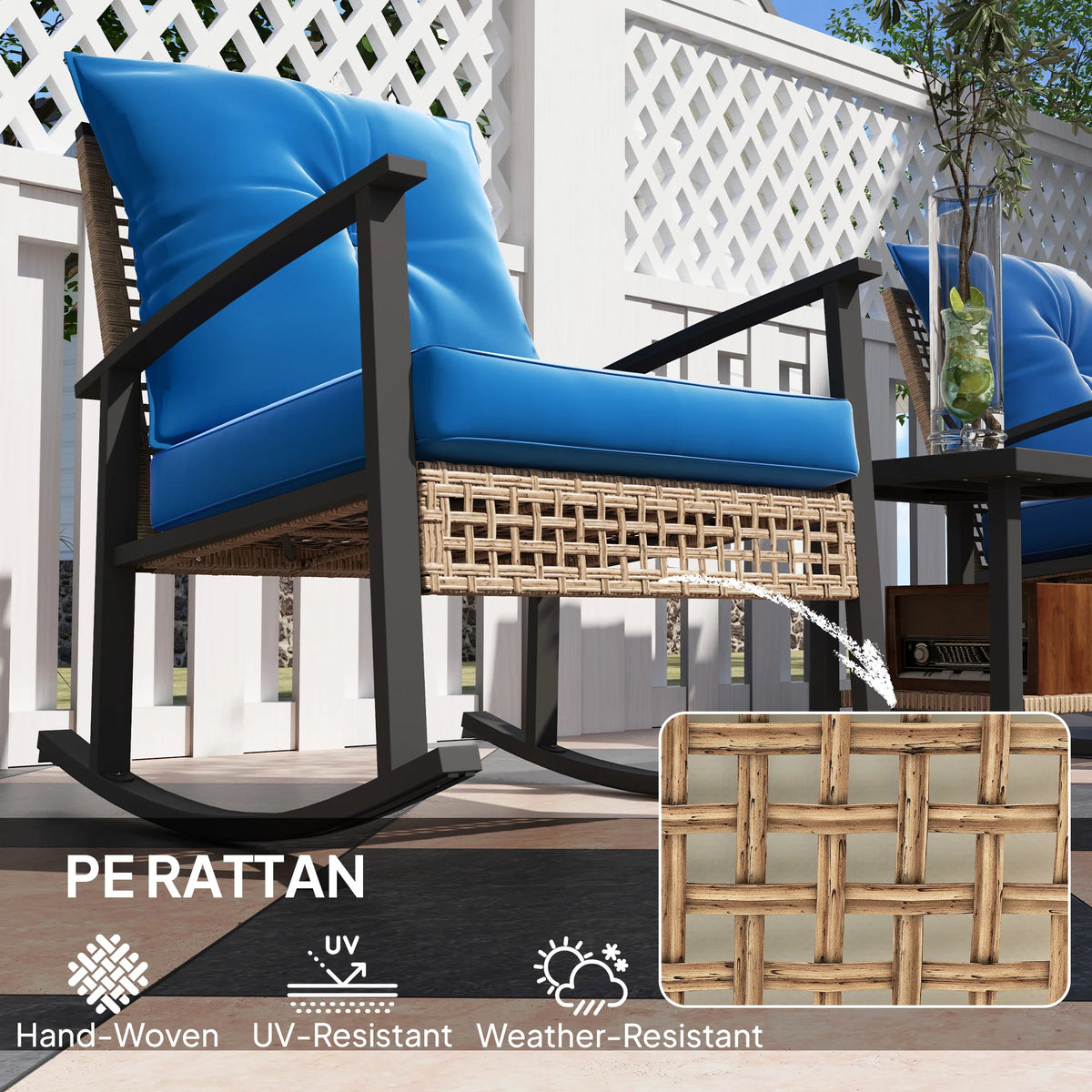 3 Pieces Bistro Set with Rattan Rocking Chairs & Coffee Table Dark Blue