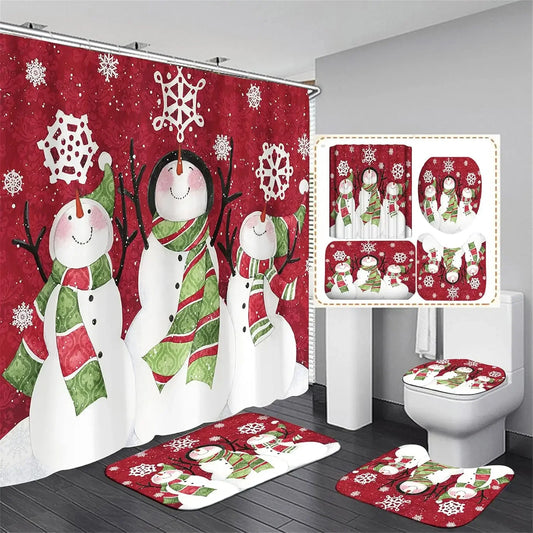 Christmas Shower Curtain Sets With Non-Slip Rugs Toilet Lid Cover and Bath Mat Snowman Shower Curtains 4 Piece Bathroom Decor