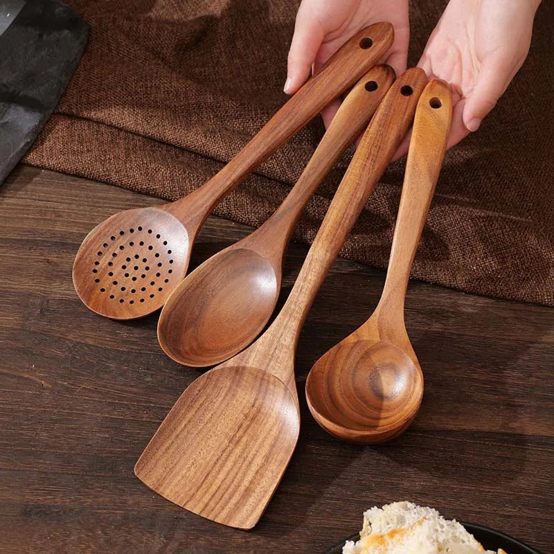 Teak Wood 5-Piece Utensil Set for Safe Odor-Free Cooking