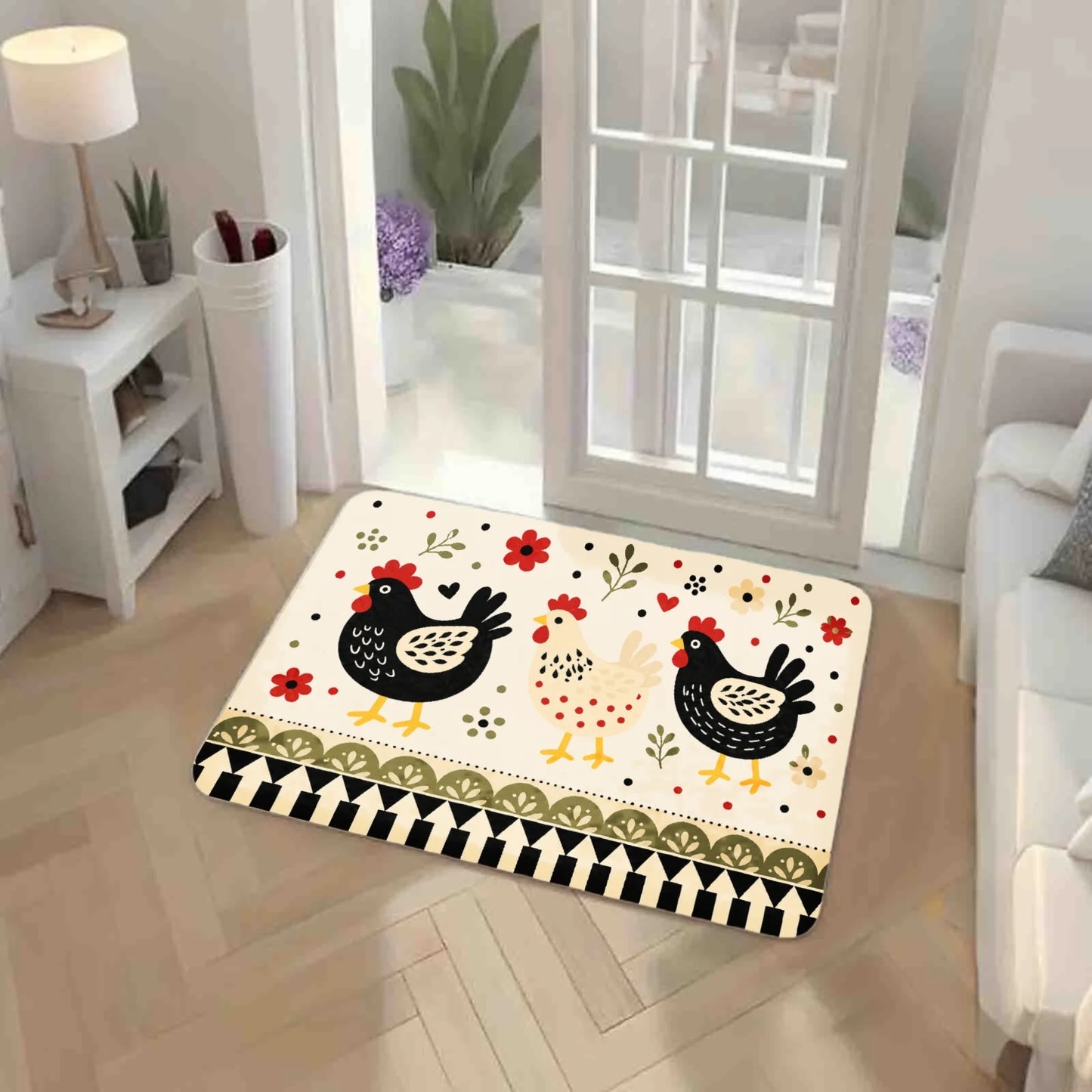 3PCS Kitchen Rugs,Home Decoration for Front Door, Kitchen, Bathroom, Black Turkey Floral Pattern On Cream Background Dining Mat