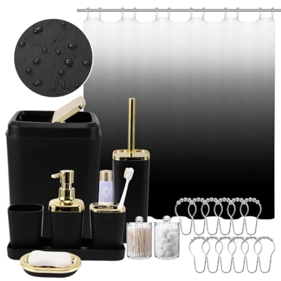 22PC Black Bathroom Accessories Sets Complete with Black Ombre Shower Curtain, Trash Can, Toothbrush Holder, Toothbrush Cup, So