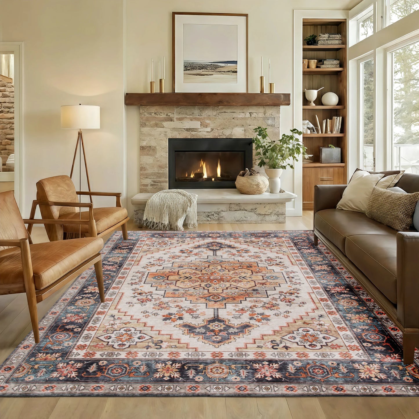 Machine Washable Vintage Oriental Medallion Distressed Soft Polyester Area Rug