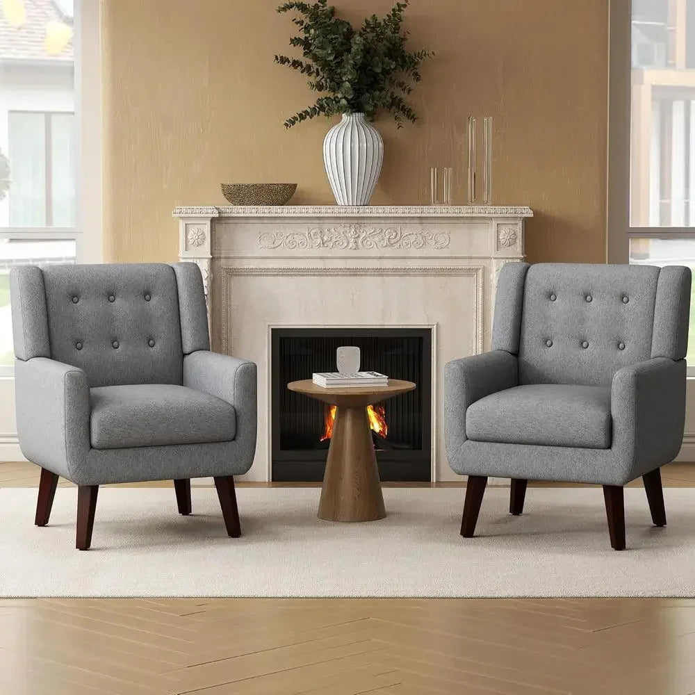 Linen Fabric Living Room Chairs, Accent Armchair, Button-Tufted Upholstered Comfortable Reading Sofas, Vanity Chairs (Set of 2,