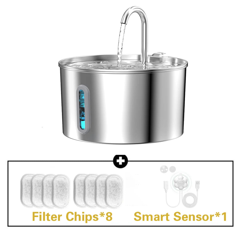 2.2L Square/Round Stainless Steel Cat Water Fountain, Dog Water Dispenser with LED Window, Silent Pet Water Feeder(No 5V 1A Plug