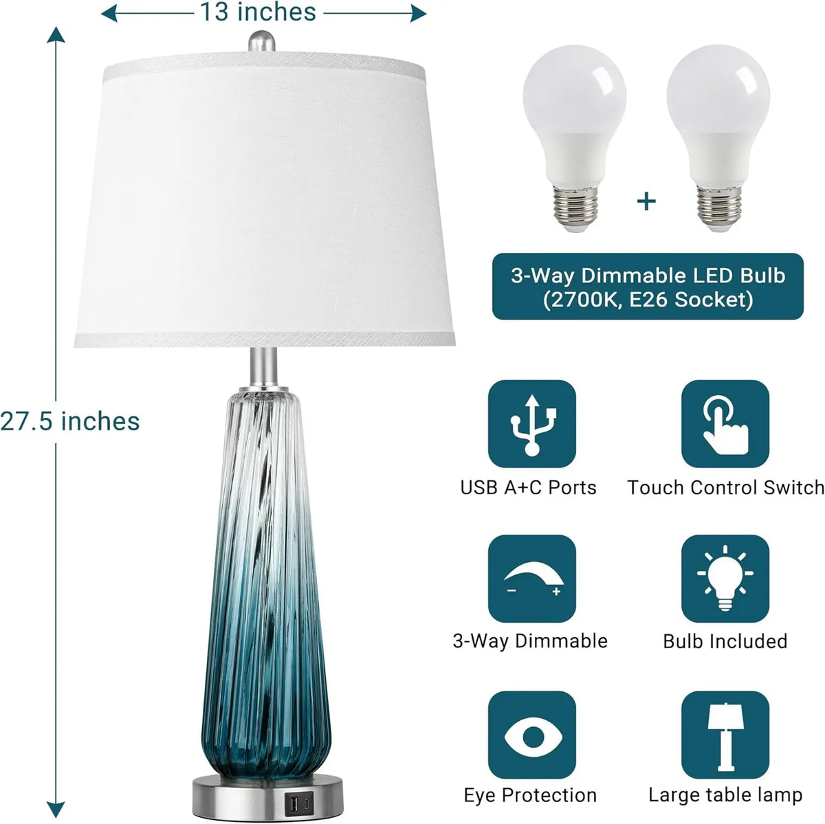 Touch Control Glass Table Lamps Set of 2 with USB A+C Ports, 3-Way Dimmable Nightstand Lamps with White Fabric Shade for Living