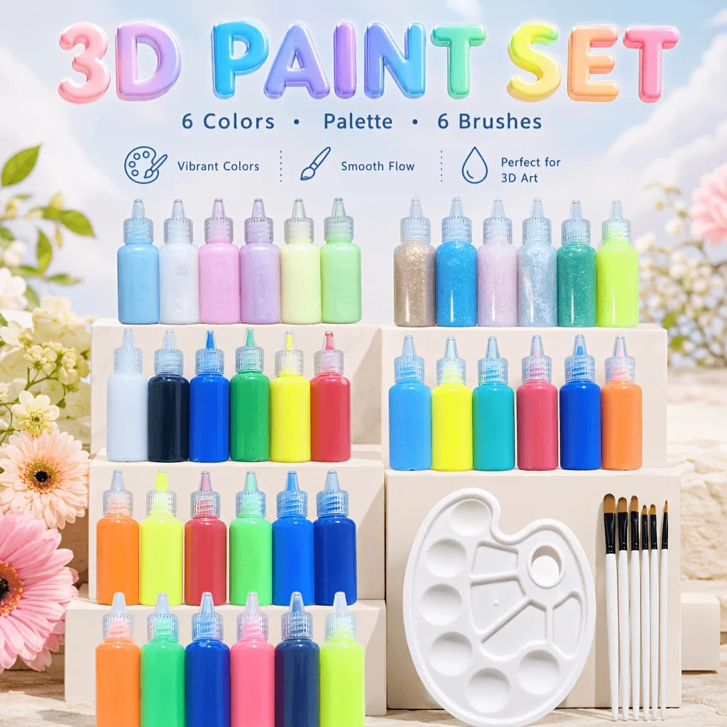 3D Paint Set 12 Bottles Palette Brushes Raised Texture Supplies
