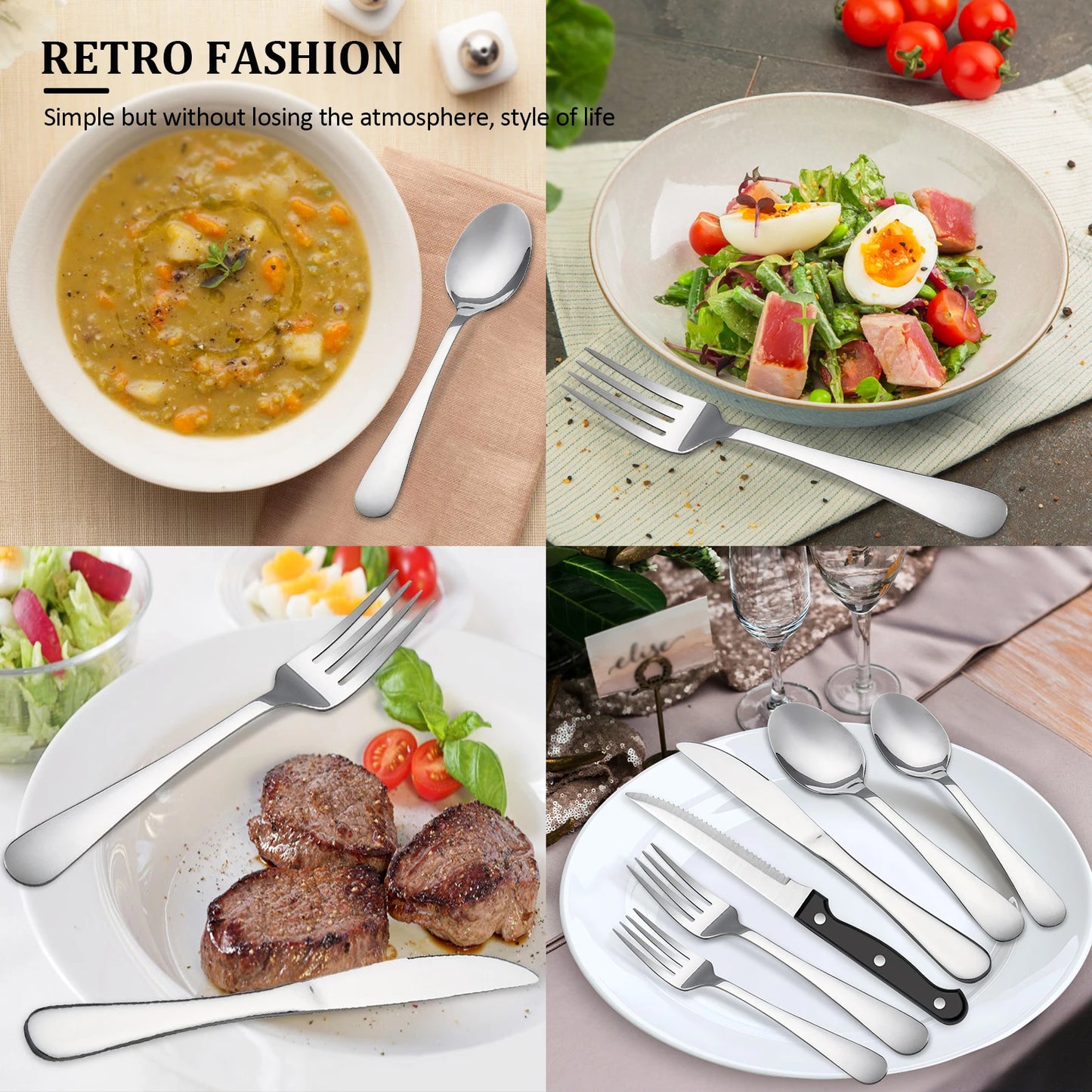 KOOMADE 48Pcs Stainless Steel Cutlery Set Steak Knives Included Mirror Polished Flatware Set Dinner Knife Fork Spoon Tableware Kitchen Utensils Dishwasher Safe For Home Restaurant Party