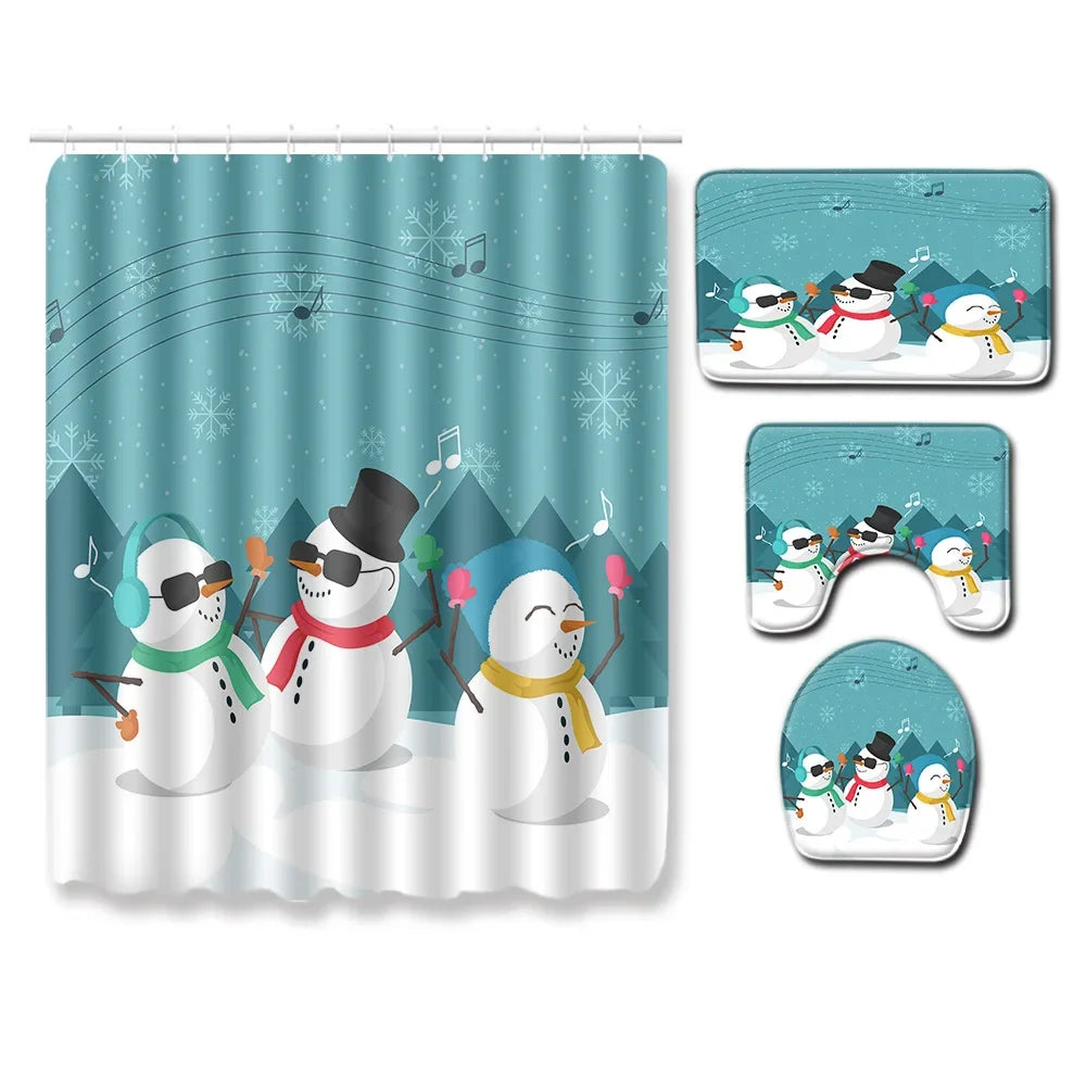 Christmas Shower Curtain Sets With Non-Slip Rugs Toilet Lid Cover and Bath Mat Snowman Shower Curtains 4 Piece Bathroom Decor