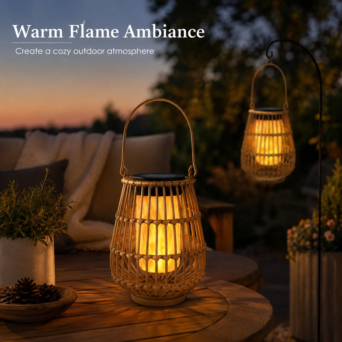 Two Pack Handwoven Rattan Solar Lanterns For Garden Decor