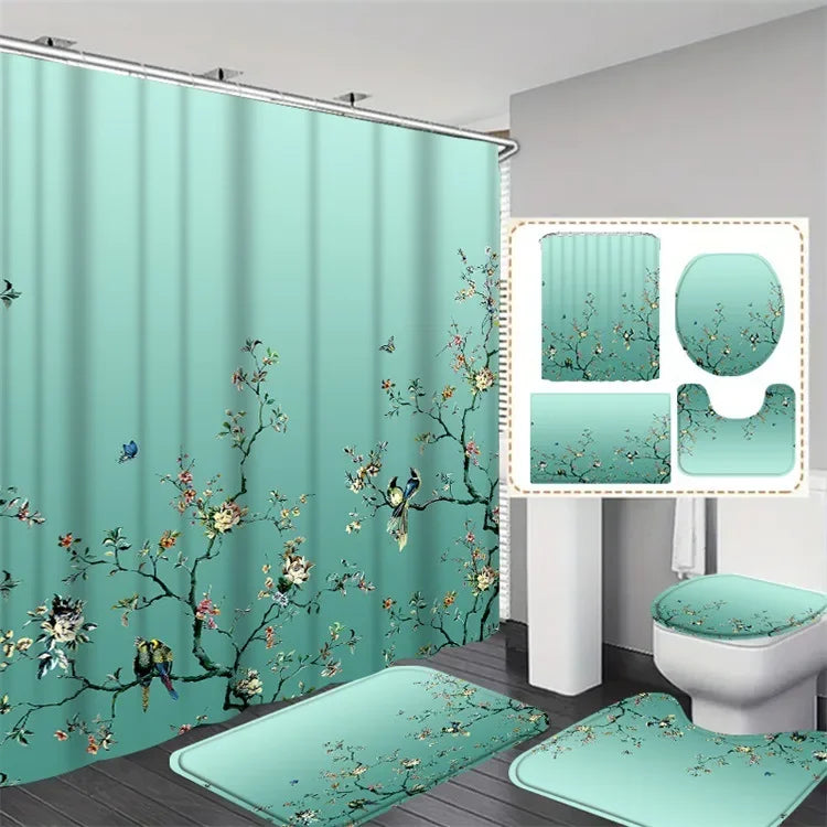 4 Pcs Shower Curtain Sets Bath Mat  Decor Bathroom pink Contour Mat Toilet Lid Cover U Shaped Non-Slip Rug Fabric Polyester