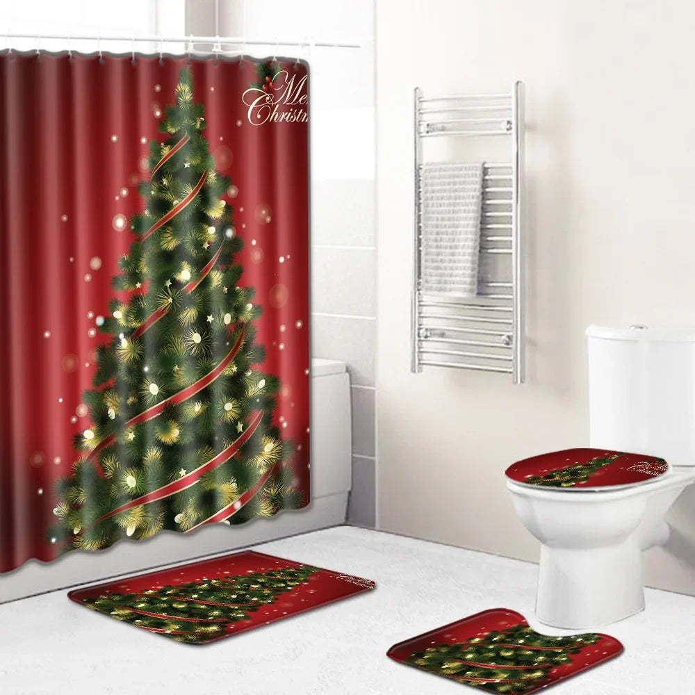 Christmas Shower Curtain Sets With Non-Slip Rugs Toilet Lid Cover and Bath Mat Snowman Shower Curtains 4 Piece Bathroom Decor