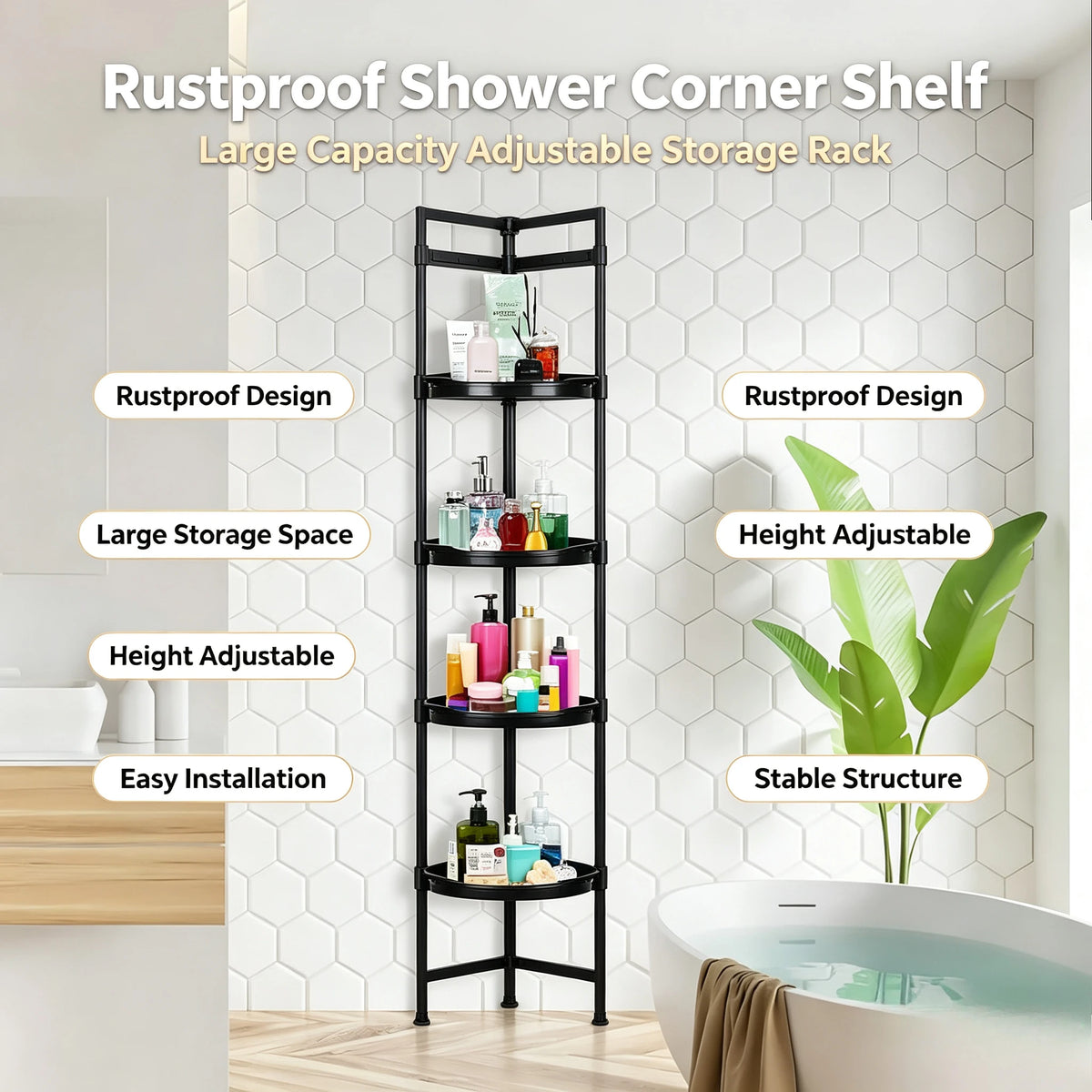 4 Tier Corner Shower Caddy Tension Pole Rust Proof Telescopic Rod Rustproof Standing Storage Rack Shower Organizer Stainless Steel Decor Shelf for Bathtub Shampoo Accessories